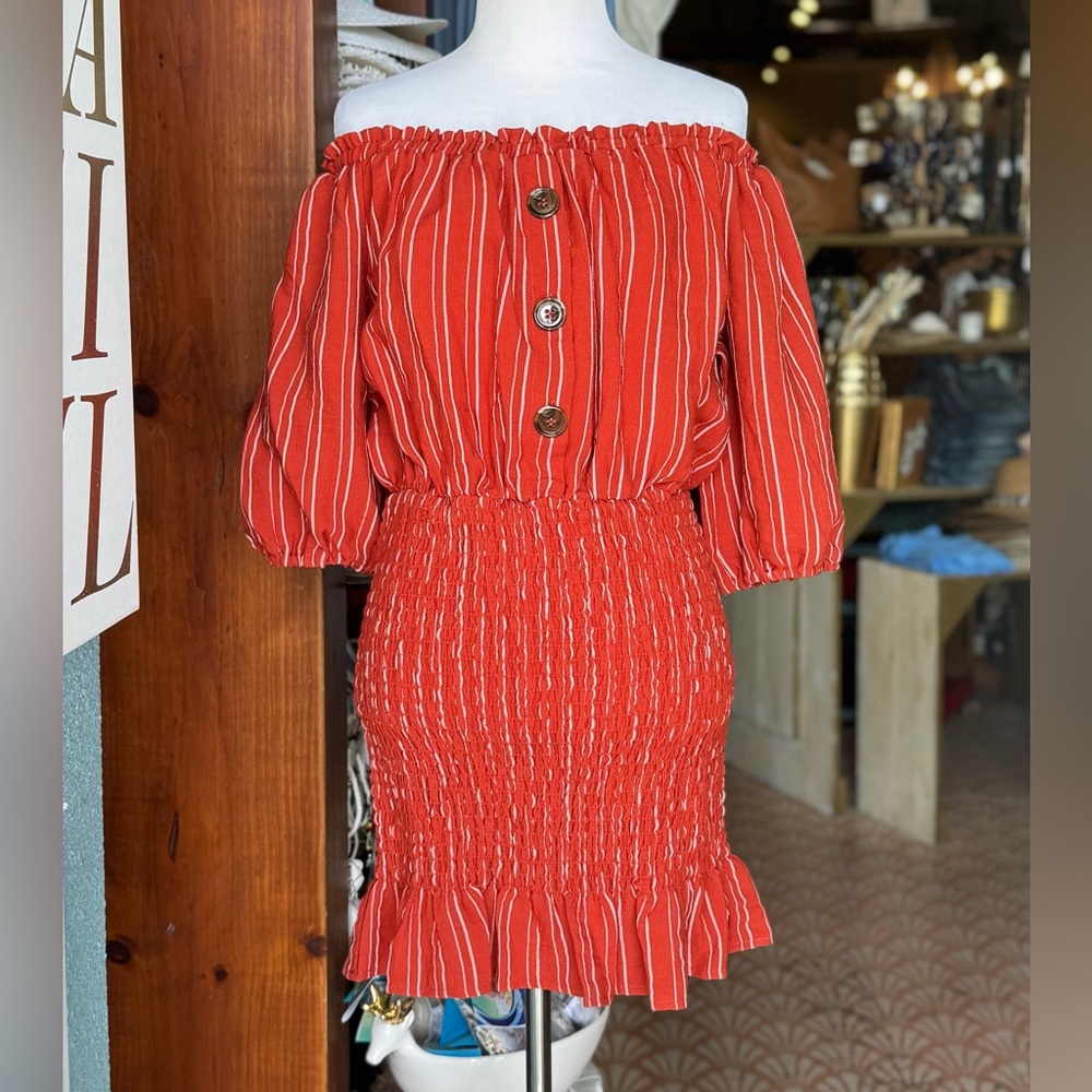 ILLA ILLA Red Striped Off-Shoulder Dress